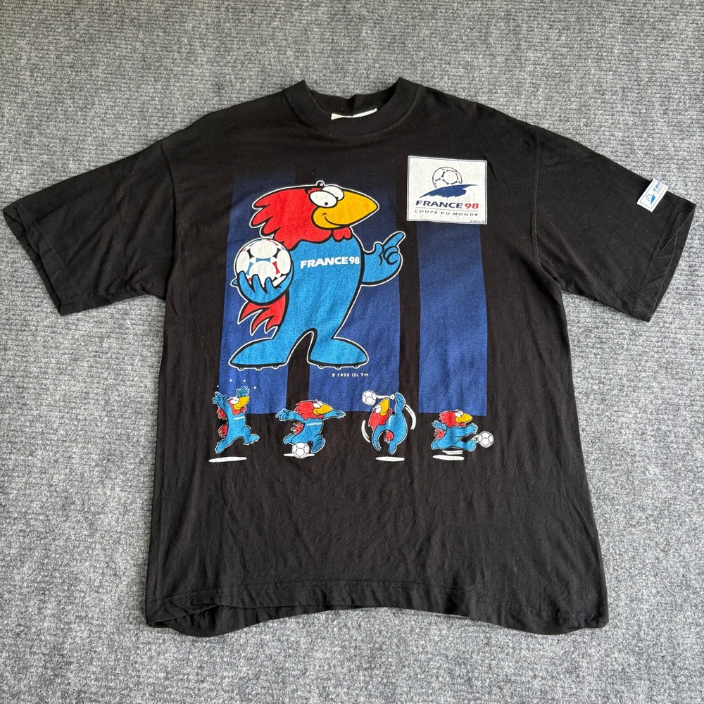 Vintage France 98 World Cup T-Shirt Black Footix Mascot Graphic Tee Large